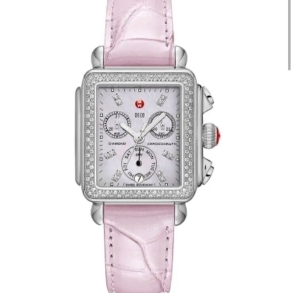 Michele Signature Deco Ladies Diamond Watch Pink Leather Strap